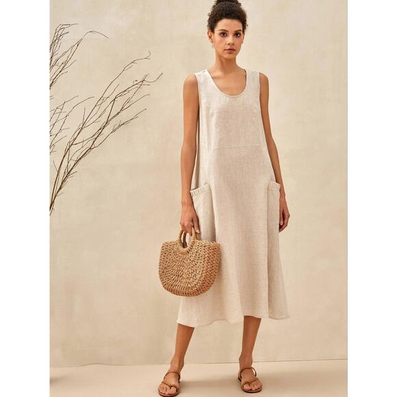 NWT Lintco Minimalist Capsule Lagenlook 100% Linen Beige Swing Tank Dress S/M - Picture 4 of 16